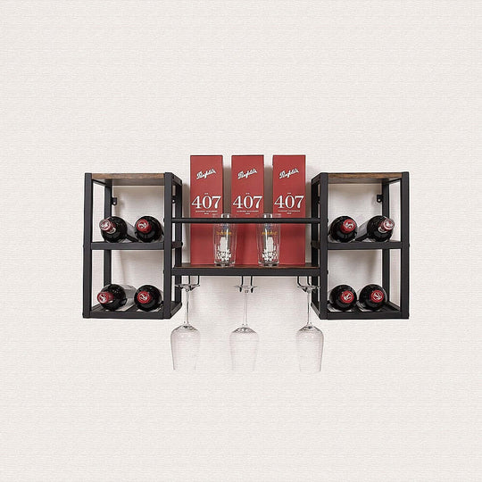 Wall mounted wine rack with 16 bottle holder, glass storage, and vintage industrial design.