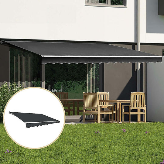 Outdoor folding arm awning in grey, perfect for sun protection in gardens or patios, offering affordable luxury and quality.