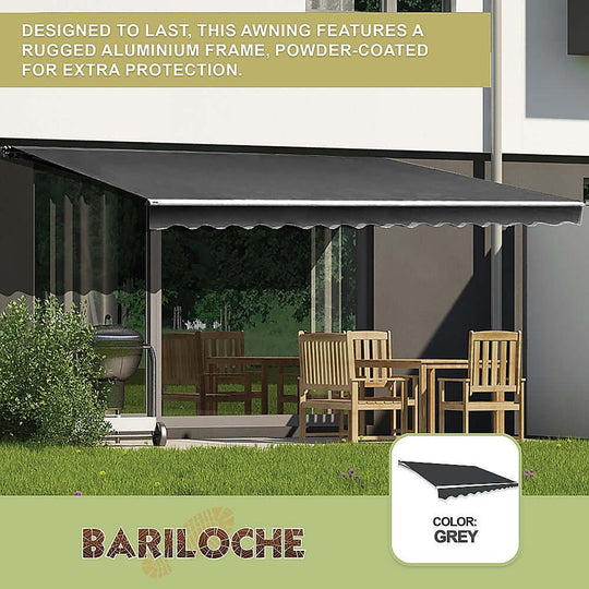 Bariloche grey outdoor folding arm awning with aluminum frame, perfect for summer sun protection, affordable and quality DIY option.