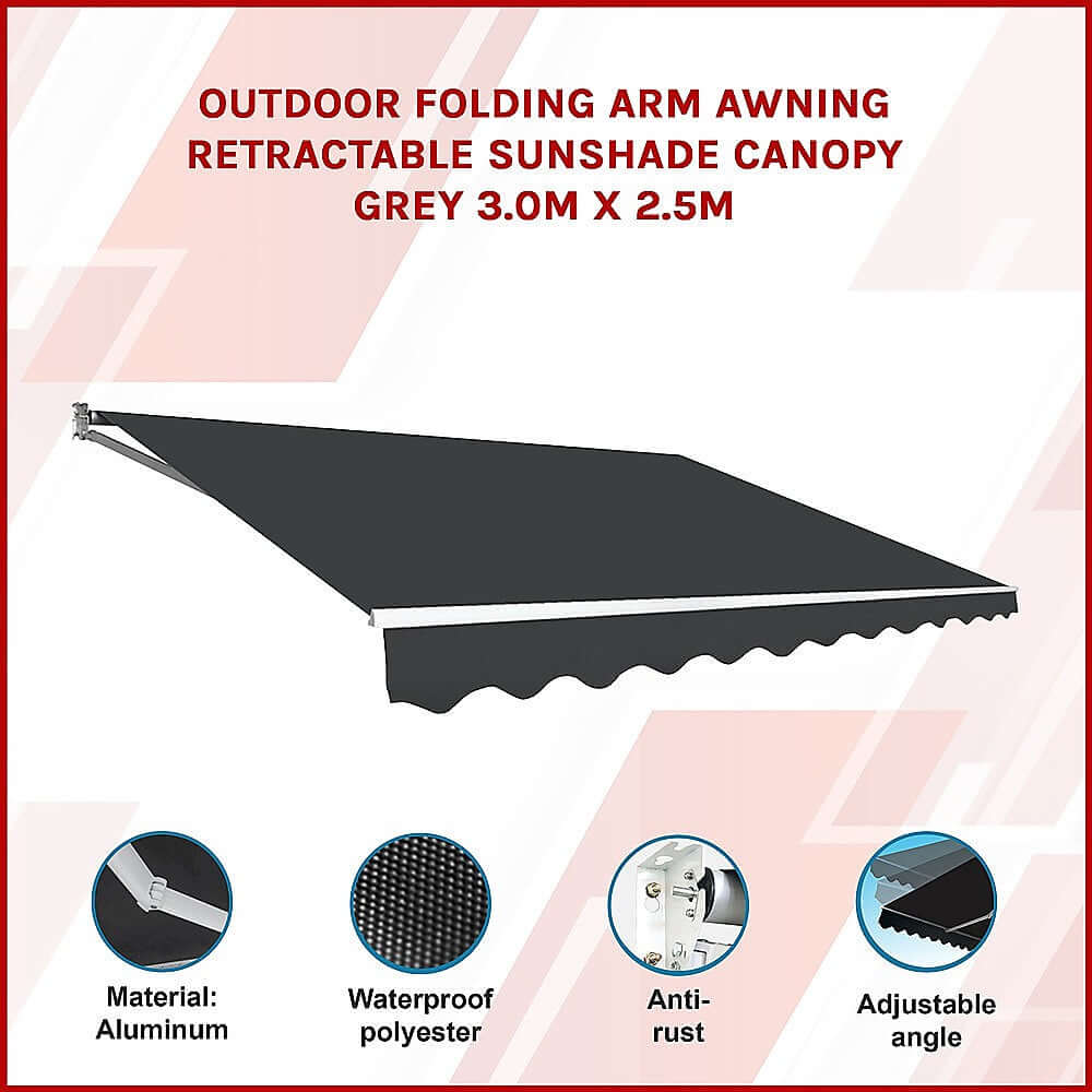 Outdoor retractable awning, grey 3.0m x 2.5m, affordable sunshade canopy for DIY setups.