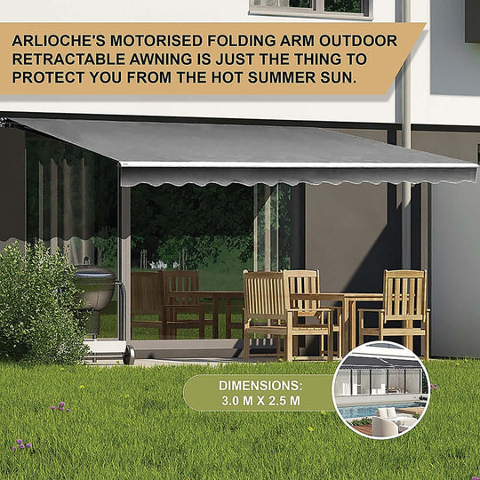 Arlioches 3.0m x 2.5m motorized outdoor retractable awning providing shade for summer, featuring a grey canopy and seating area.