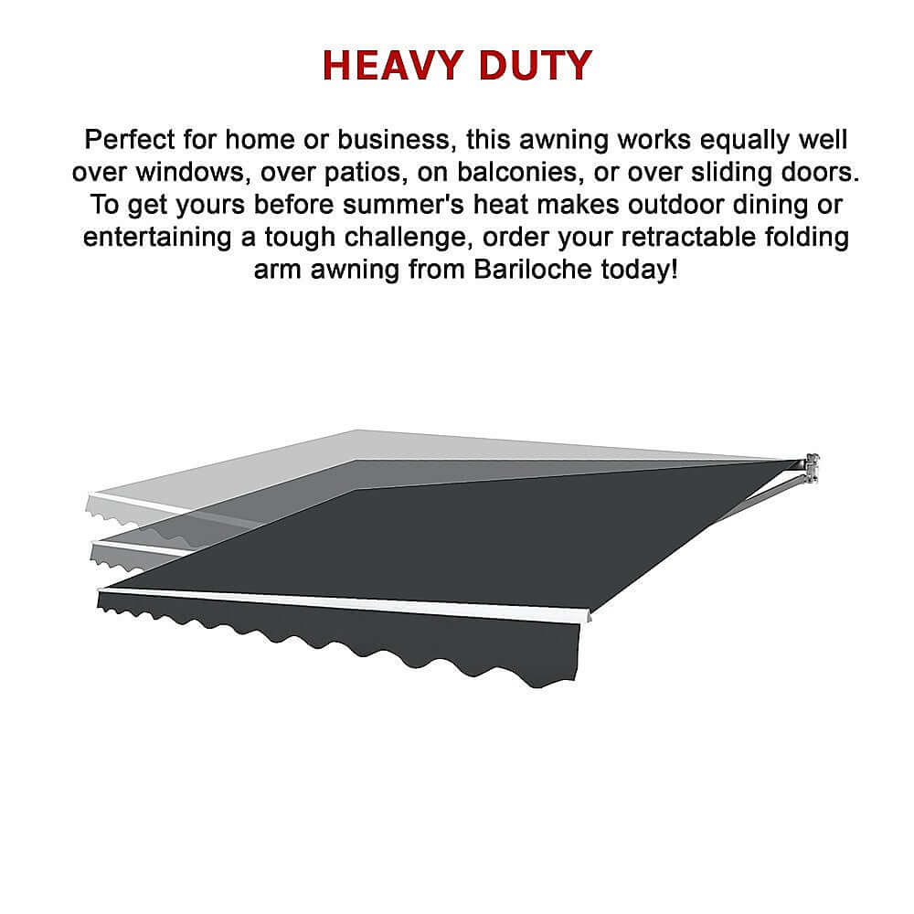 Heavy duty outdoor folding arm awning, perfect for patios or balconies, ideal for summer sun protection.