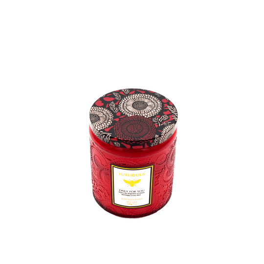 Luxurious red embossed scented candle with decorative lid, perfect for affordable and quality home decor.