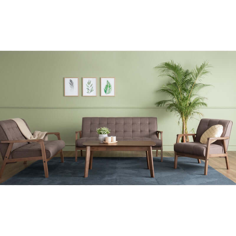 Tucson 3 seater sofa in cocoa with two matching armchairs, set in a stylish living room environment.