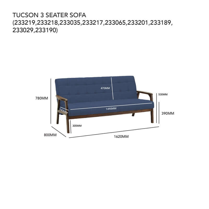 Tucson 3 Seater Sofa dimensions showing width of 1620mm and depth of 800mm with a modern design in blue fabric.