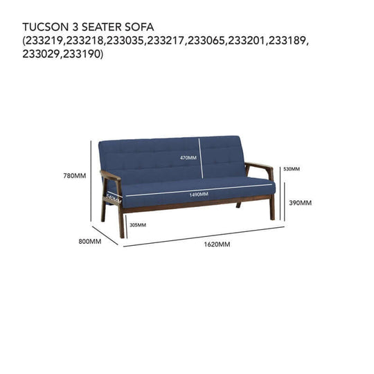 Tucson 3 Seater Sofa dimensions showing width of 1620mm and depth of 800mm with a modern design in blue fabric.