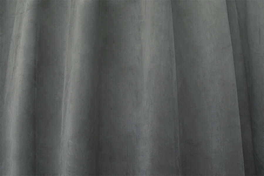 Grey velvet blockout curtains showing soft texture and pleated design, ideal for DIY home theatre decor.