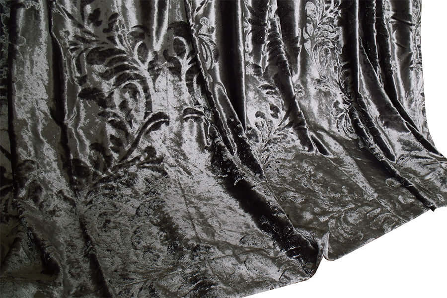 Luxurious silver grey velvet curtains with stunning flocking texture, perfect for affordable home theater decor.