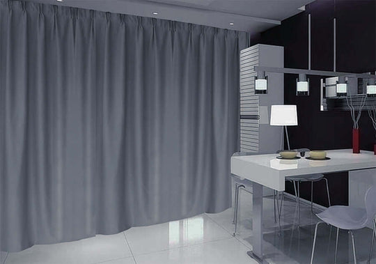 Grey blue long blockout curtains in modern kitchen, soft fabric, DIY decor, affordable luxury.