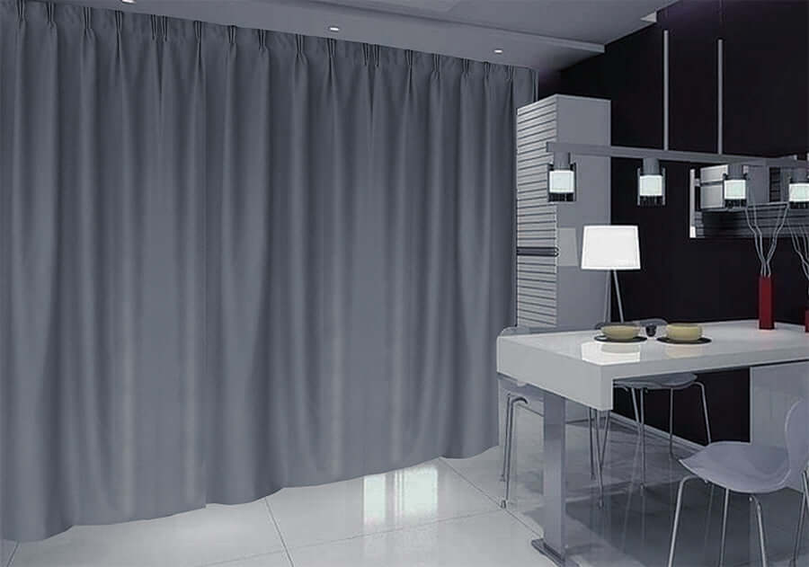 Grey blue affordable luxe blockout curtain with pinch pleat design and hooks, wrinkle-resistant, ideal for DIY home projects.