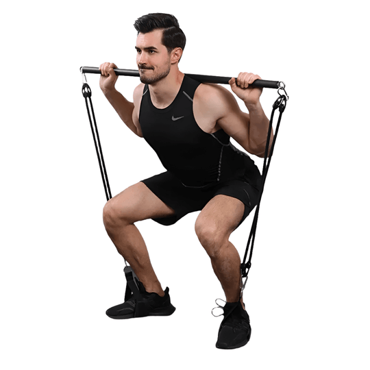 Man performing squats with NNEOBA Fitness Stick Pilates Bar for full-body strength training.