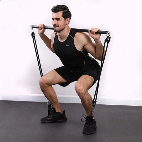 Man using NNEOBA Fitness Stick Pilates Bar for strength training workout, showcasing full-body exercise.