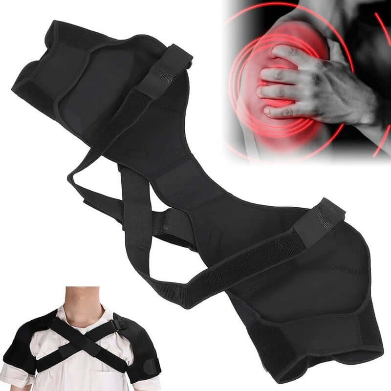 NNEOBA Double Shoulder Brace Wrap in black, designed for support and pain relief, featuring adjustable straps and neoprene material.