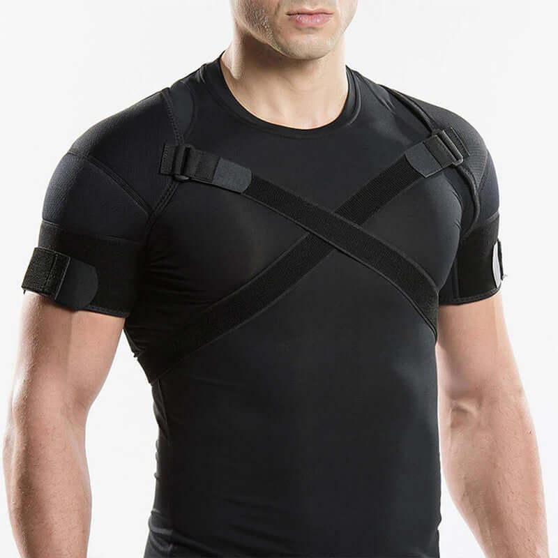 NNEOBA Double Shoulder Brace Wrap in black showcasing adjustable straps for support and comfort during recovery.