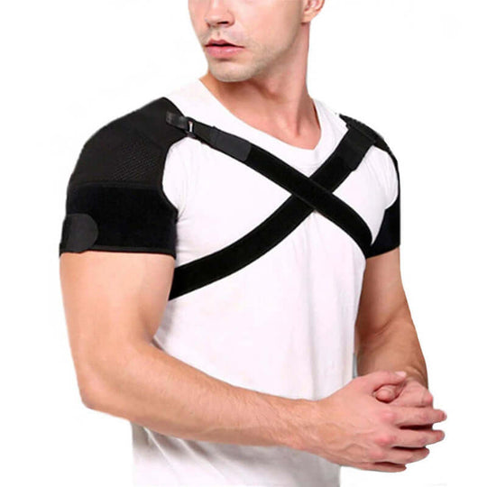 Man wearing NNEOBA double shoulder brace wrap for support and comfort during recovery and injury prevention.