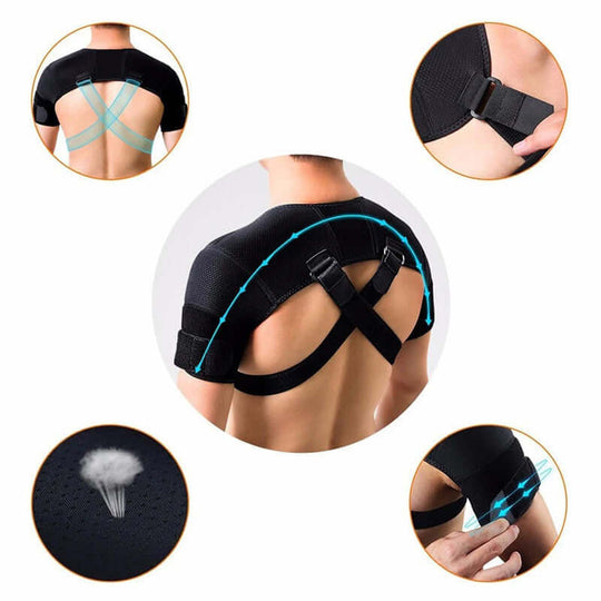 NNEOBA Double Shoulder Brace Wrap in black with adjustable straps for pain relief and support, showcasing breathable neoprene design.