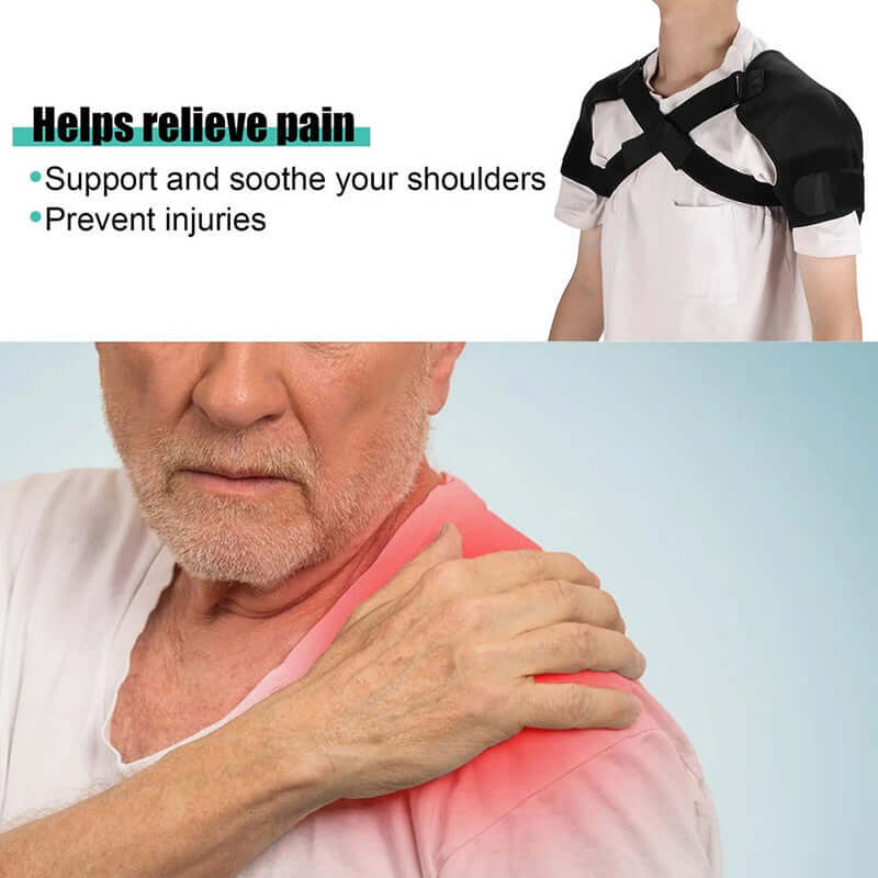 NNEOBA Double Shoulder Brace Wrap for pain relief, support and injury prevention, featuring a man in pain.