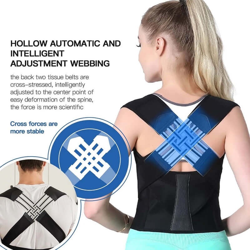 Woman wearing NNEOBA Back Brace showcasing automatic adjustment webbing for improved posture and support.