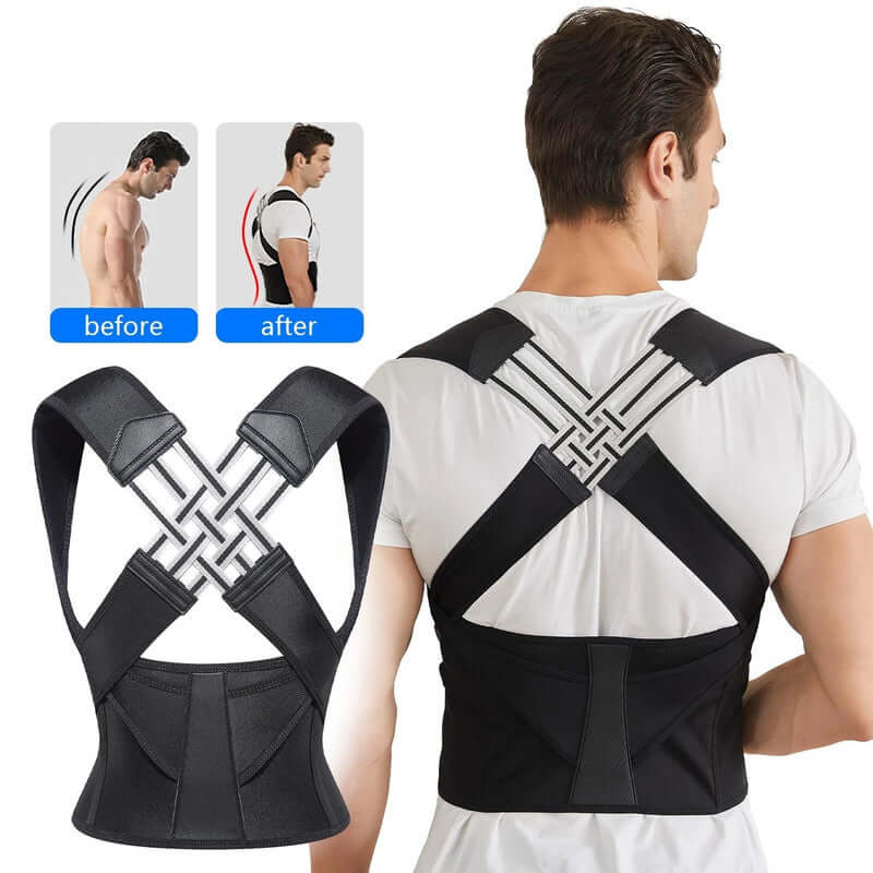 NNEOBA back brace posture corrector for men, adjustable support for improved spinal alignment, black design, suitable for all sizes.