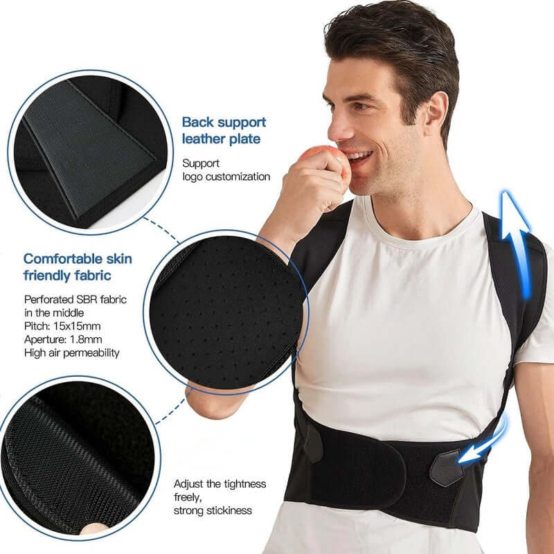 Man demonstrating the NNEOBA Back Brace, showcasing its adjustable design and breathable fabric for posture support.