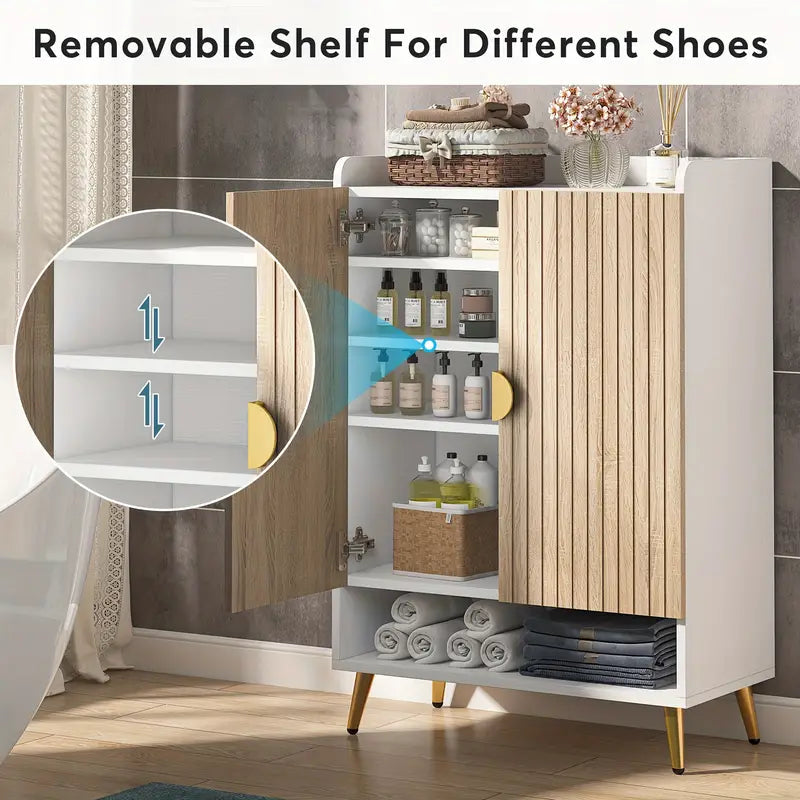 7-tier shoe storage cabinet with adjustable shelves in wood and gold design, showcasing various storage compartments in a contemporary room setting