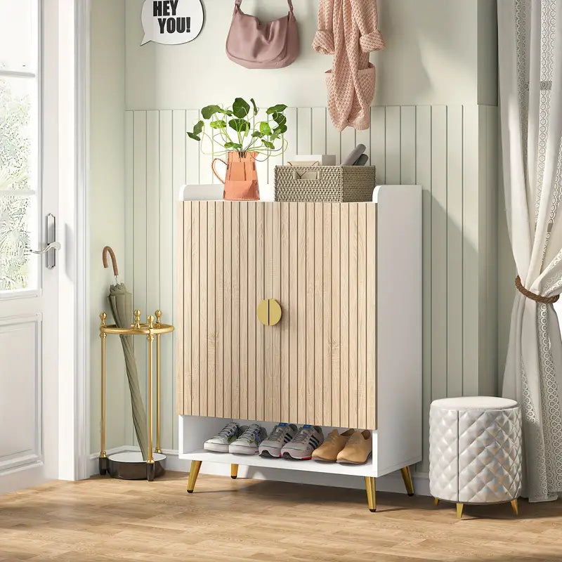 Contemporary 7-tier wood and gold shoe storage cabinet with adjustable shelves, perfect for organizing shoes in a stylish way.