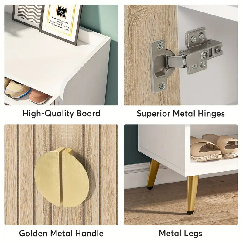 Close-up of NNETMLT shoe storage cabinet showing high-quality board, metal hinges, golden handle, and gold metal legs