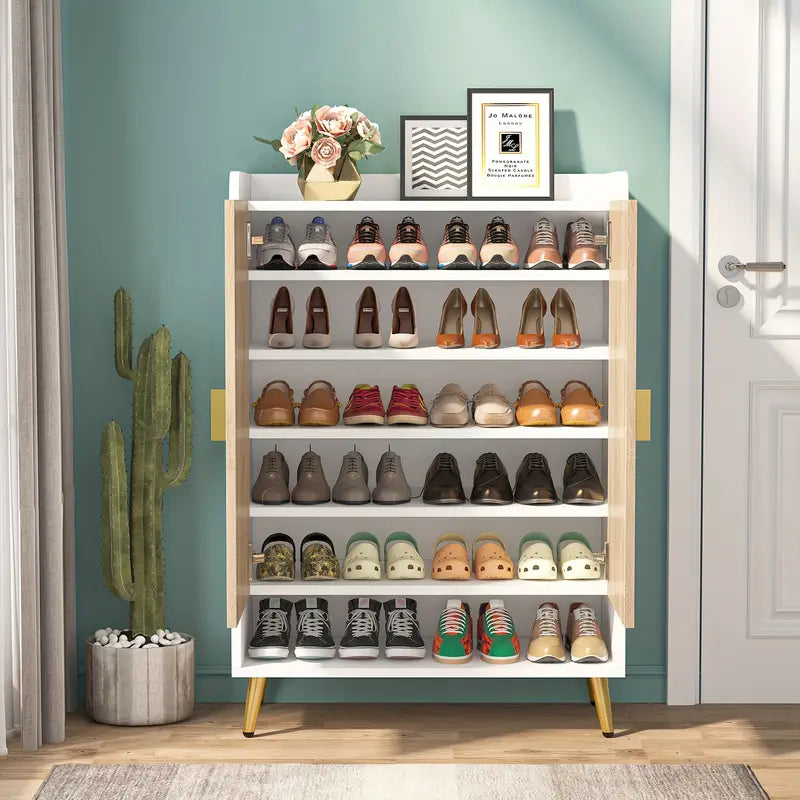 7-tier contemporary shoe storage cabinet with adjustable shelves in wood and gold, displaying various shoes, enhancing floor mount home decor