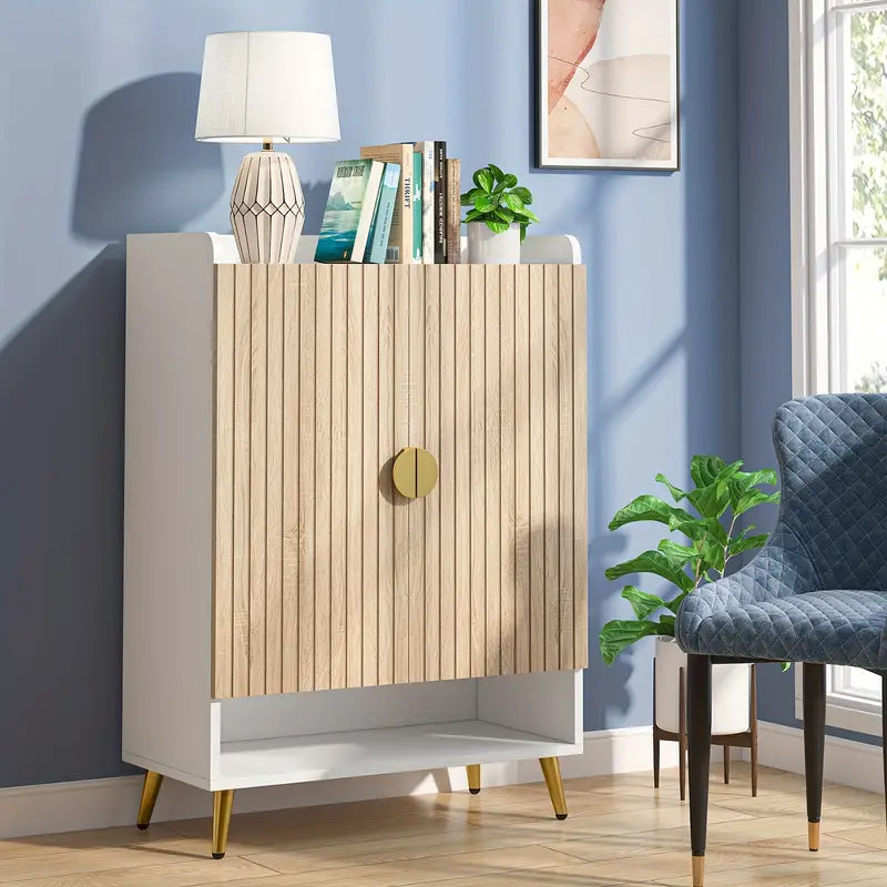 Contemporary 7-tier wood shoe storage cabinet with adjustable shelves featuring gold accents, placed in a modern living room setting.