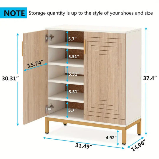 NNETMLT 5-Tier Shoe Cabinet with Geometric Pattern Doors, White/Natural Finish, Value Furniture, Affordable Quality, Dimensions Shown