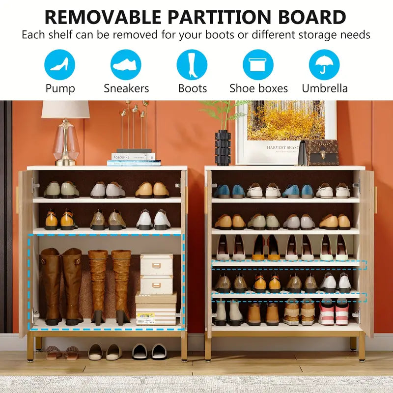 Removable partition board 5-tier shoe cabinet for boots, sneakers, pumps, shoe boxes, and umbrellas, white/natural finish, quality value furniture.