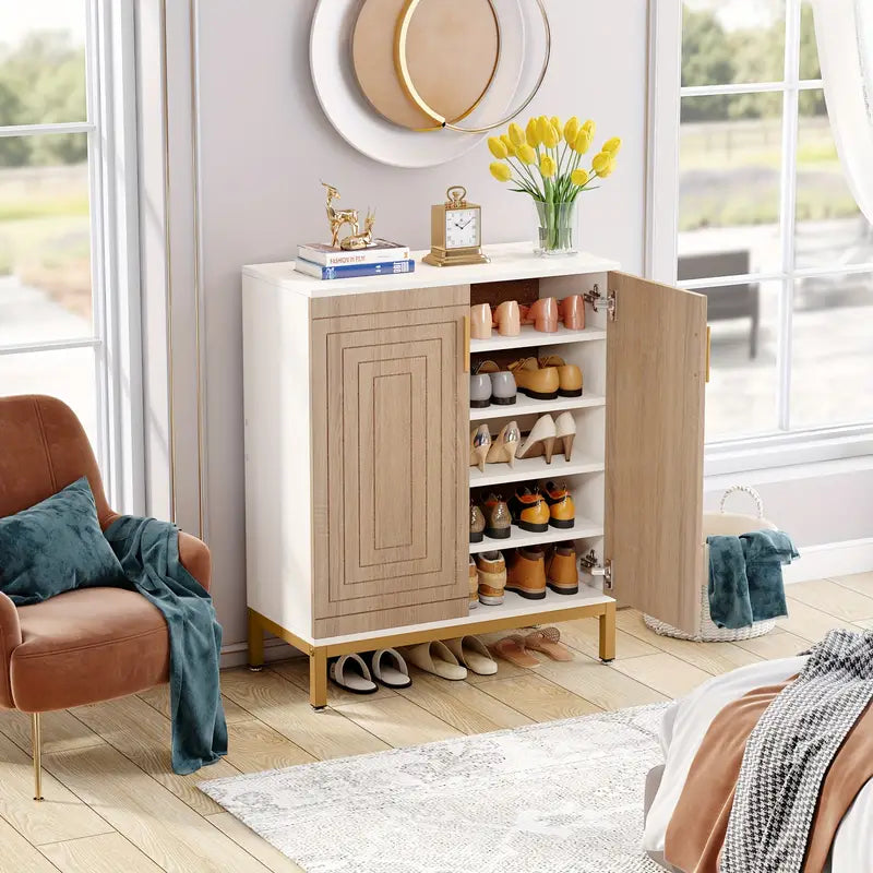 5-tier white and natural shoe cabinet with geometric pattern doors in a contemporary entryway featuring affordable quality wooden furniture.