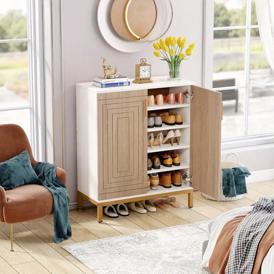 5-tier white and natural shoe cabinet with geometric pattern doors in a contemporary entryway featuring affordable quality wooden furniture.