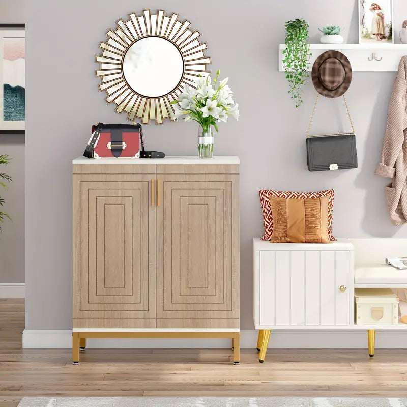 Stylish affordable NNETMLT 5-tier shoe cabinet with geometric pattern doors in white/natural, enhancing entryway furniture setup.