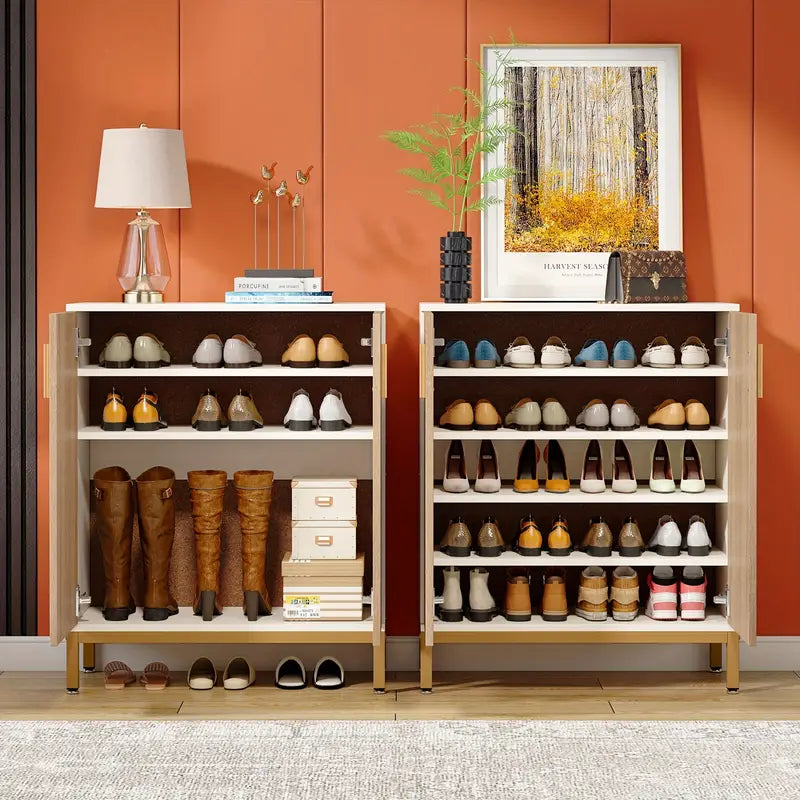 Organized entryway with NNETMLT 5-Tier Shoe Cabinet, geometric pattern doors in white/natural, displaying various boots and shoes.