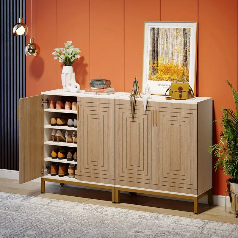 5-tier shoe cabinet with geometric patterned doors in white and natural finish, stylishly organizing shoes in entryway.