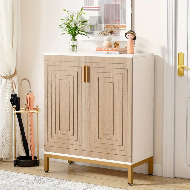 NNETMLT 5-Tier Shoe Cabinet with geometric pattern doors in white and natural finish, perfect for stylish entryway organization.