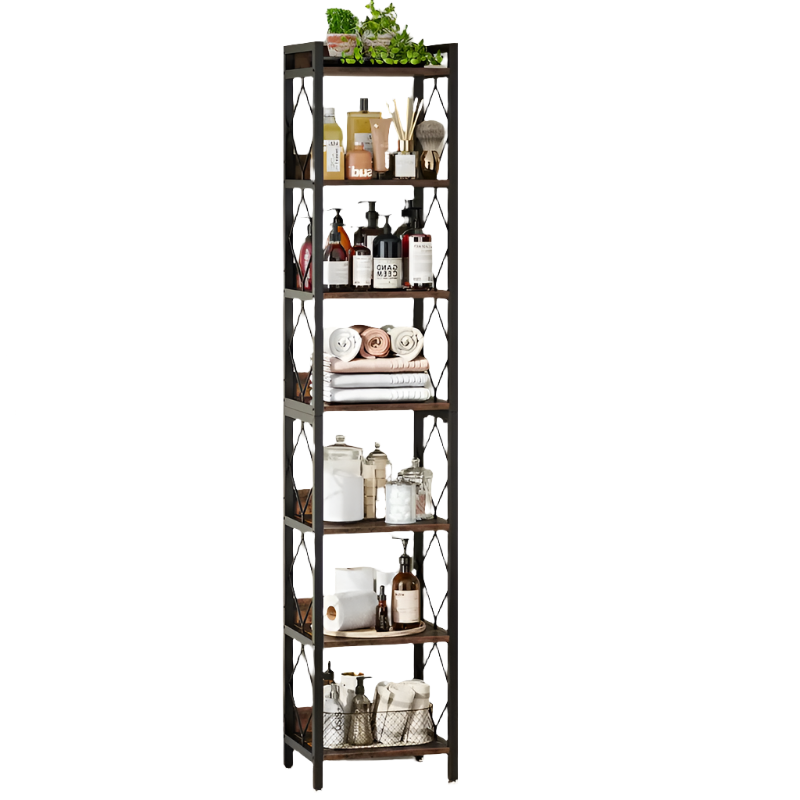 NNETMLT 78.7 Inch Extra Tall 7 Tier Skinny Bookcase in Rustic Brown, value furniture, quality and affordable storage solution for home office