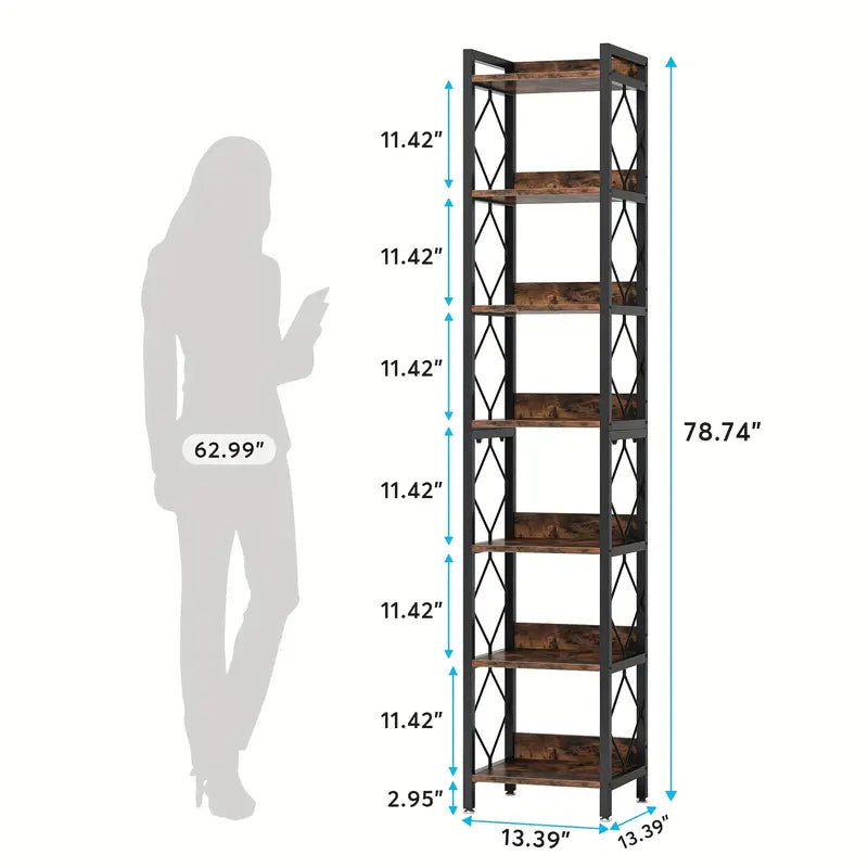 NNETMLT 78.7 Inch Extra Tall Skinny Bookcase with 7 tiers in Rustic Brown, industrial style, ideal for maximizing small spaces in home offices.