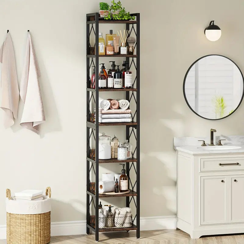 Rustic brown 7 tier skinny bookcase in a bathroom setting, displaying toiletries and towels, ideal for maximizing small spaces.