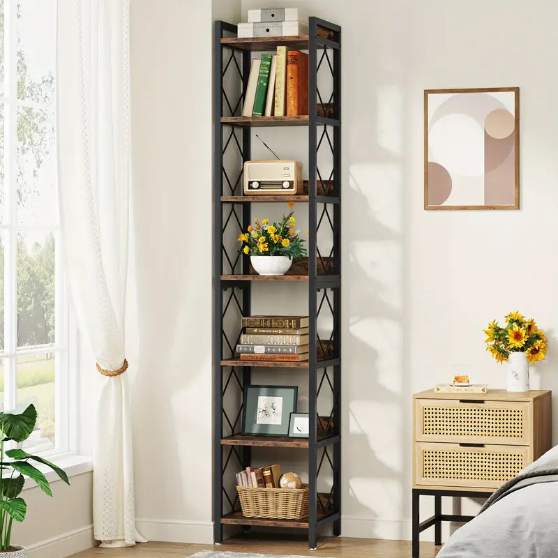 Rustic brown 7 tier skinny bookcase in a home office setting, showcasing value furniture, affordable and quality bookshelf with open-storage design.