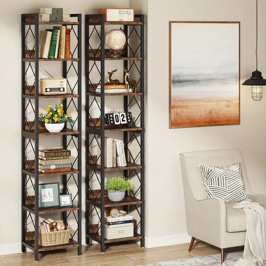 Tall rustic brown 7 tier narrow bookshelf in industrial style, displayed in a cozy home office with books, plants, and decorative items