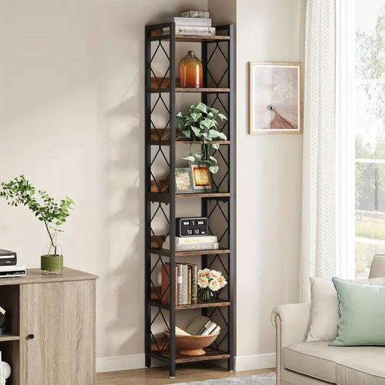 Rustic brown 7 tier skinny bookcase with open-storage design in a cozy corner next to a couch and a cabinet, highlighting value furniture.