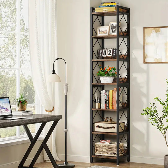 Rustic brown 78.7 inch 7 tier skinny bookcase with open-storage design, displayed in a home office setting. Value furniture, affordable, quality.