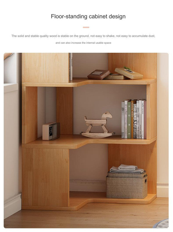 5-tier floor-standing corner bookshelf made of wood, featuring shelves with decorative items and books, showcasing durable and value furniture.