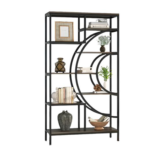 8-tier industrial geometric bookcase with metal frame and decorative items, stylish gray wood design, quality and affordable value furniture