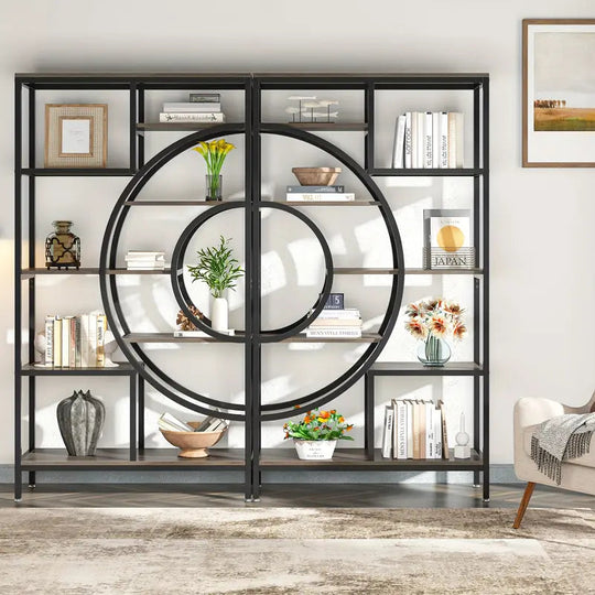 8-tier industrial geometric bookcase with metal frame, styled with home decor and books, offering value furniture, affordability and quality