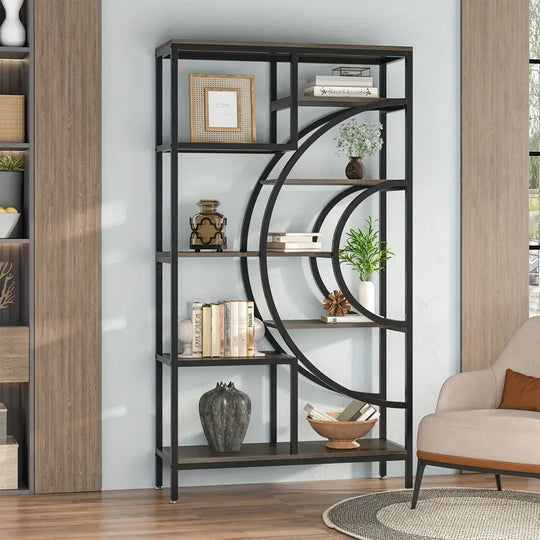 8-tier 71-inch industrial geometric bookcase with metal frame, stylishly organizing space with gray color and elegant design.