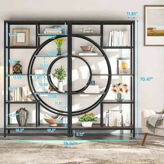 8-tier 71-inch industrial geometric bookcase with metal frame displaying decor items, books, and plants in a modern living room.