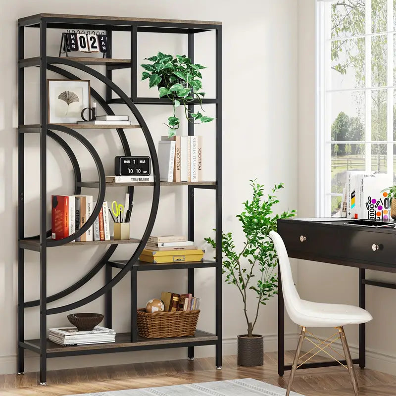 Stylish 8-tier industrial geometric bookcase with metal frame in modern home office, showcasing decor and books, value furniture, affordable quality